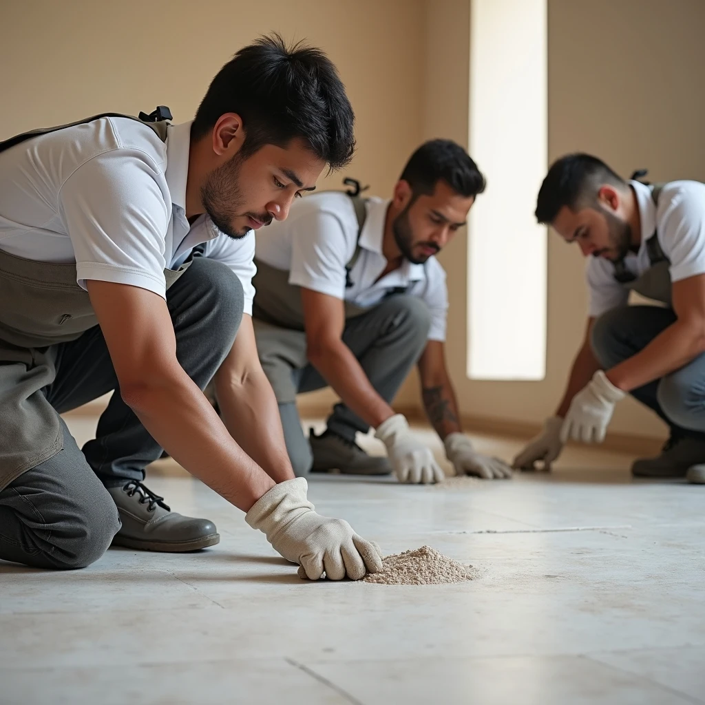 Equipo de pulido trabajando sobre un piso de mármol